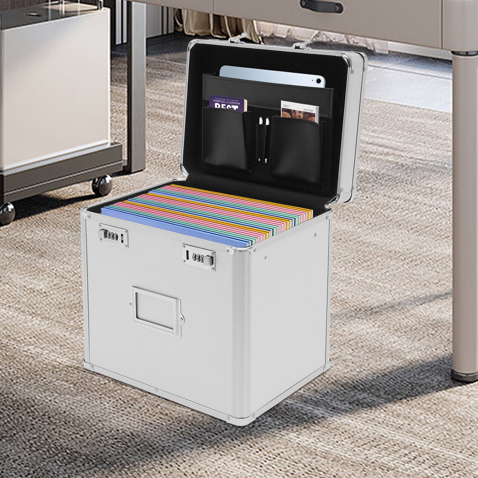 Silver File Cabinet Portable Lock Storage Organizer Home Office Potable Metal Box for Homes, Offices
