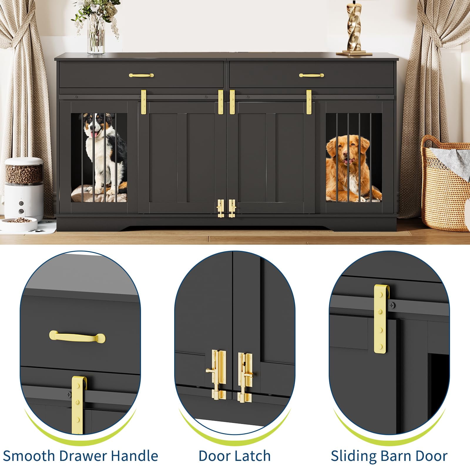 71" Dog Crate TV Stand for 2 Large Dogs, Extra Large Double Dog Kennel Furniture with 2 Drawers and 2 Lockable Sliding Doors, Wooden Furniture Dogs Crate for Indoor Home Living Room（ship in 2 boxes）