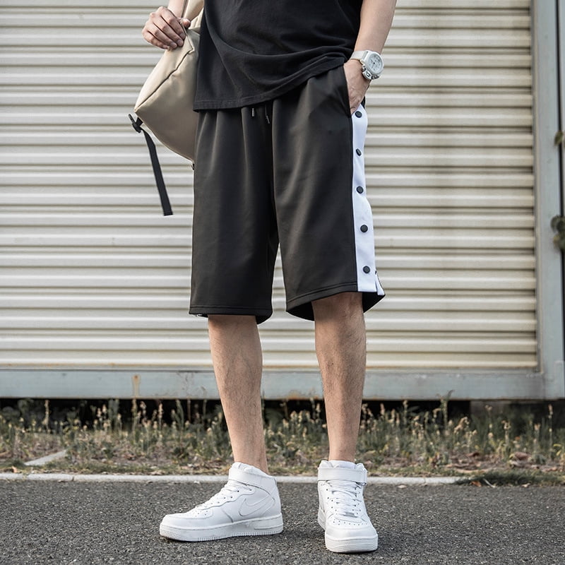 Short de Basket Detachable pour Homme avec Boutons Pression Lateraux Short d Echauffement Post Chirurgical Entierement Ouvert avec Poches Noir XXL