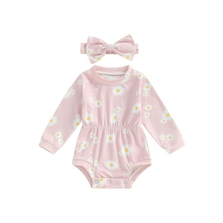 

Woshilaocai Baby Girl Romper Sunflower Print Long Sleeve Jumpsuit Headband