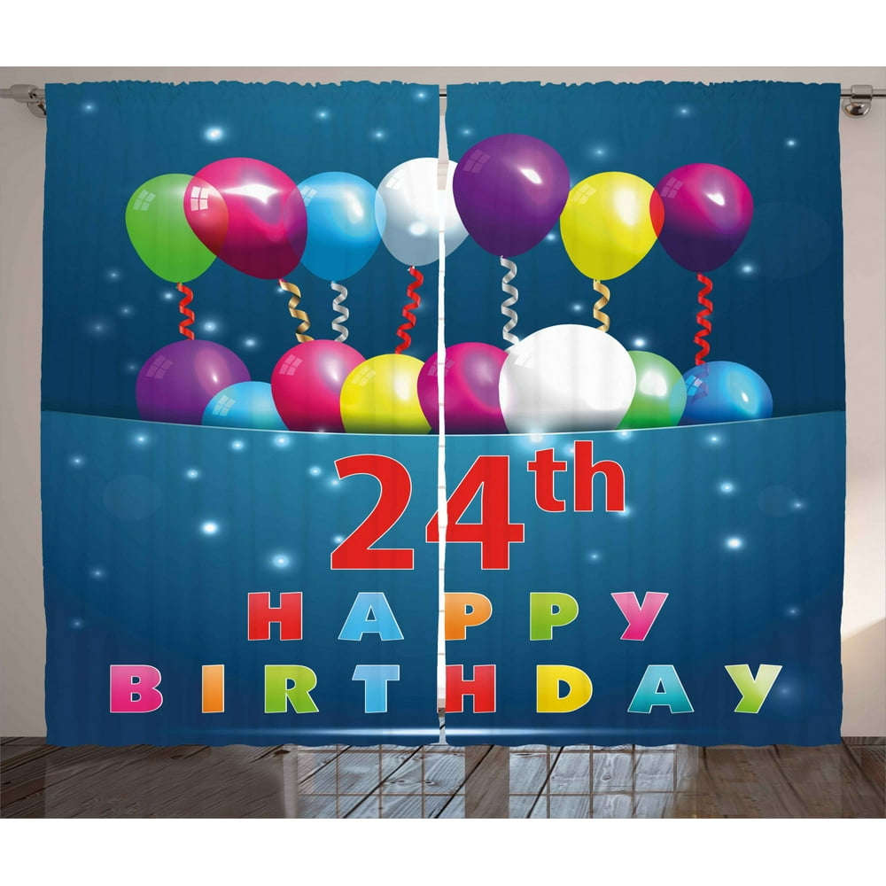 25th Birthday Curtains 2 Panels Set, 24th Birthday Party Joyous Mood Occasion Flying Baloons