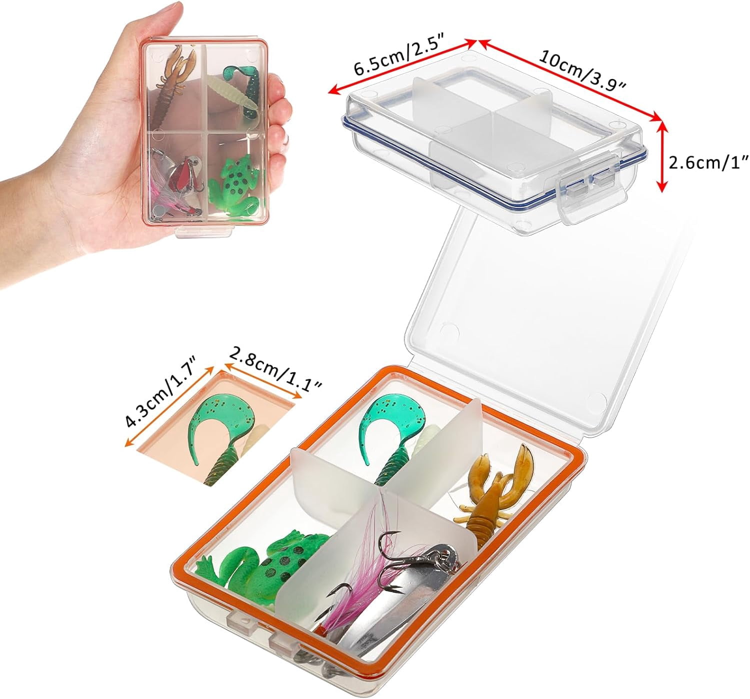 12 Pack Plastic Small Fishing Tackle Box Organizer with 4 Compartments, Clear Mini Fishing Tackle Storage Boxes with Dividers, Transparent Fish Pocket Tackle Storage Box Lure Box