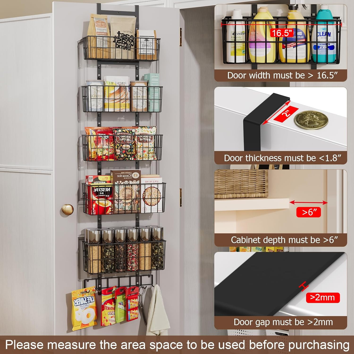 Adjustable Over The Door Organizer, Metal Hanging Door Organizer with 5 Wire Basket 7 Hooks, Wall Mounted Shelf for Pantry Laundry Organization and Storage