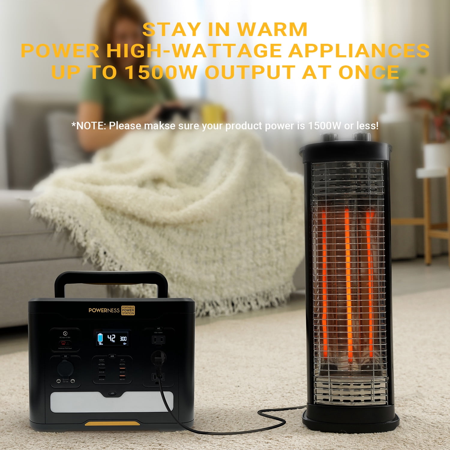 Powerness Portable Power Station Hiker U1500, 1536Wh Solar Generator LiFePO4 Battery Powered Generator with 3x1500W AC Outlets (Surge Power 3000W) and PD 100W In/output for Outdoor Camping, Emergency