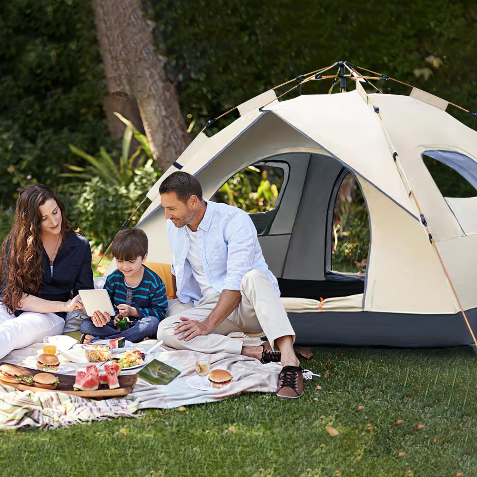3-4 Person Family Camping Tent - Waterproof Windproof 4-Season, 1500mm Rainfly, Carry Bag & Stakes Included