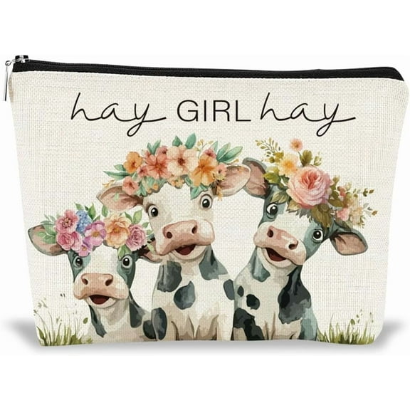 Zipper Makeup Bags Cow with Flowers Printed Portable Travel Cosmetic Bag Personalized Travel Toiletry Pouch Clutch Bags Accessory Organizer for Women Girls Gifts 9.8x7x2 Inch