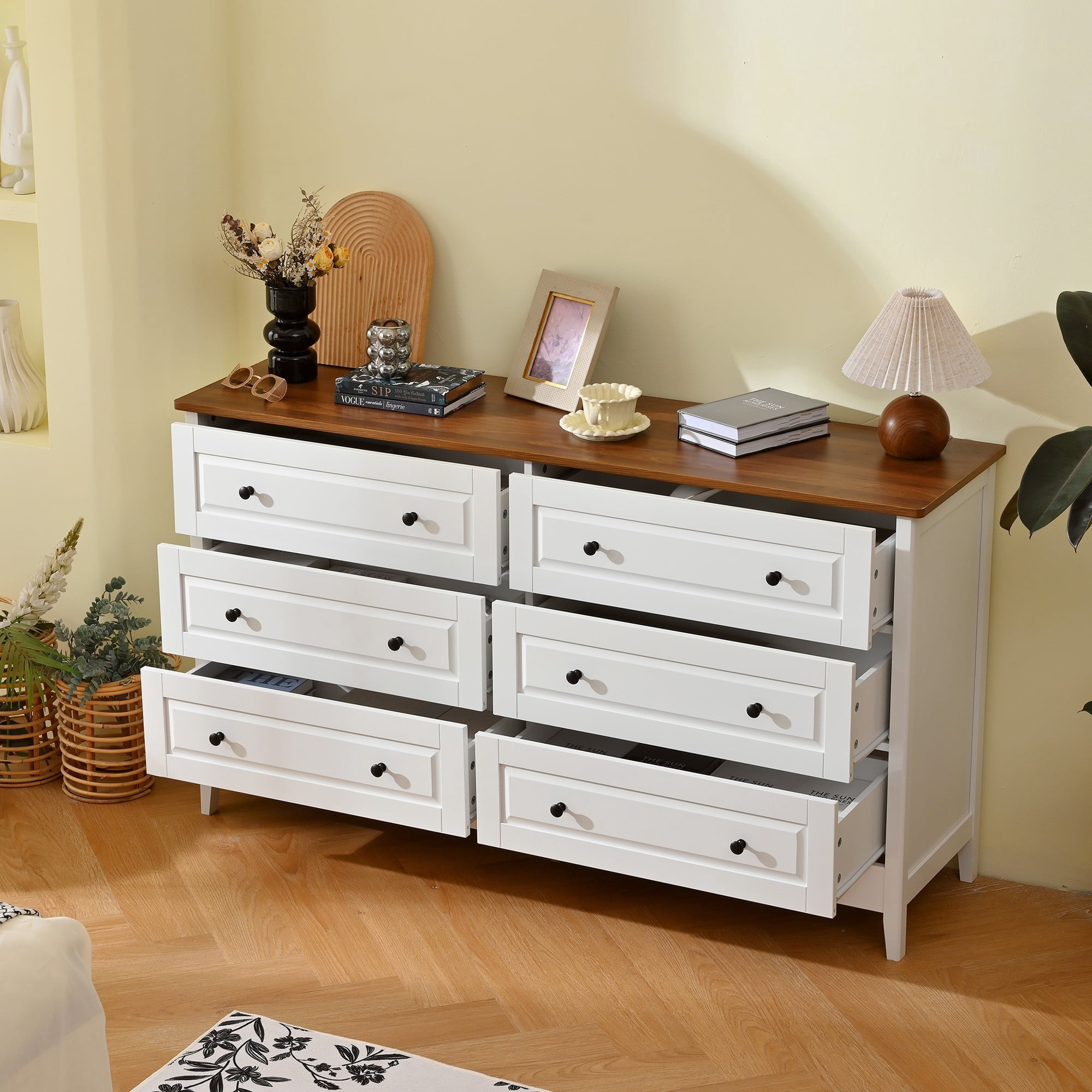 6 Drawer Dresser with Wide Drawer and Metal Handles,Wood Dressers & Chests of Drawers for Bedroom,Living Room,White
