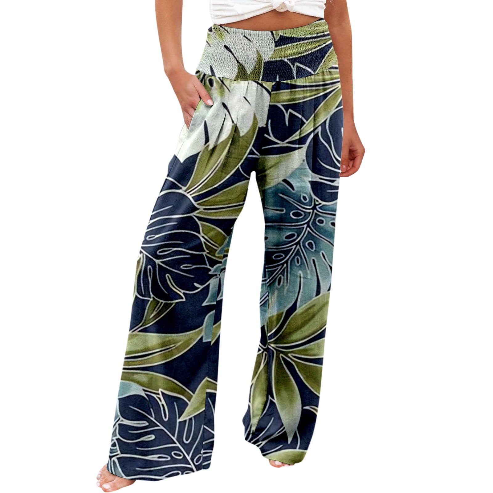 Womens Casual Pants Women Casual Fashion Beach Elastic Waist Wide Leg