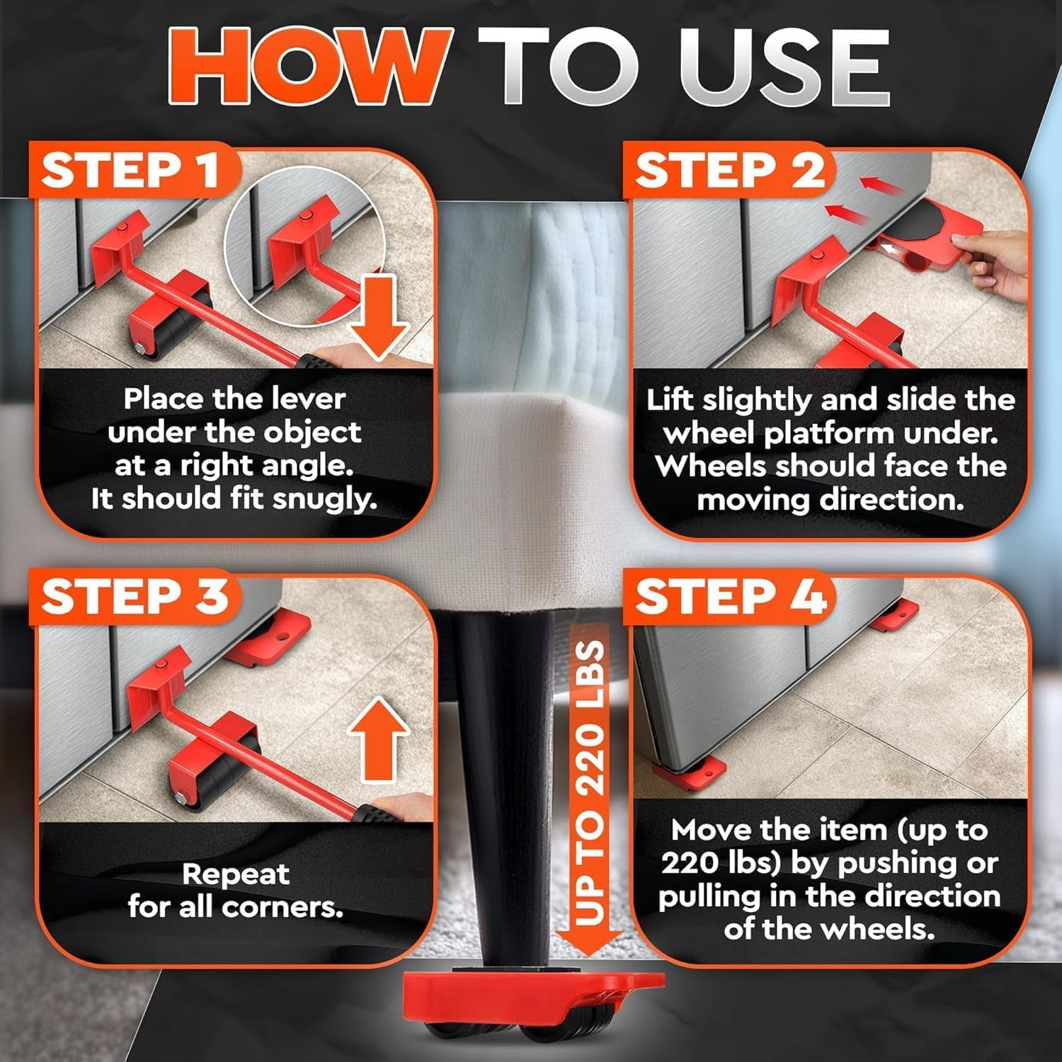 Furniture Lifter Tool & Moving Sliders Set 360° Rotating Wheels Up to 220 lbs, Refrigerator Movers with Smooth Glide, Non-Scratch Design for Hardwood Floors, Home Office Appliances