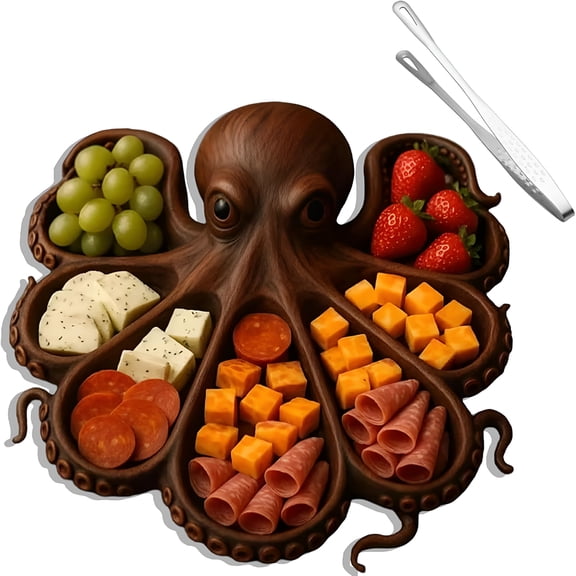 ACDANC Octopus Charcuterie Platter -Serving Platters Ocean Themed Serving Board with 8 Tentacles for Cheese,Meats&Fruits,Unique Gift Seafood Lovers(Brown-A)