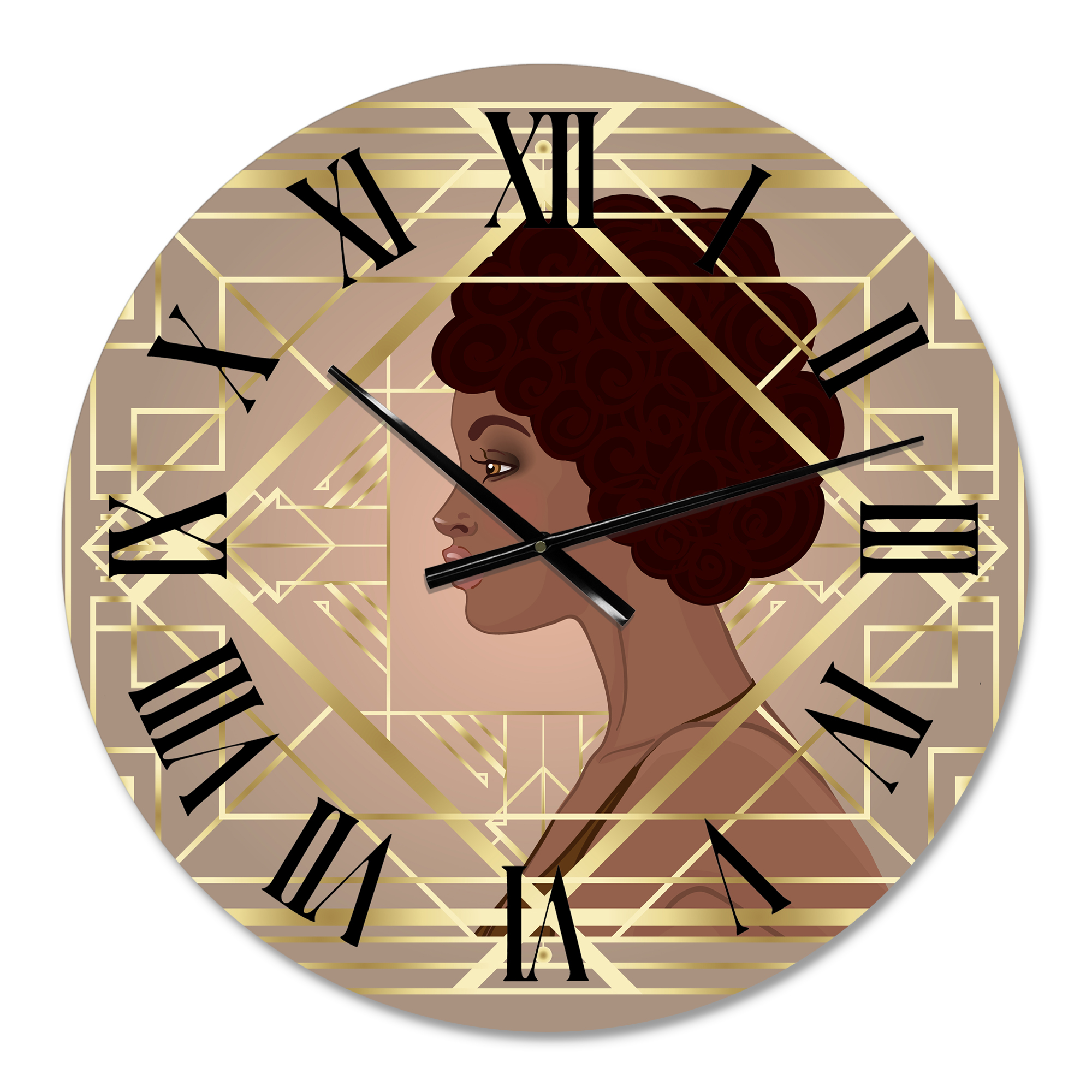 Designart 'Retro Women In Golden Art Deco Geometrics Ii' Modern Wall Clock