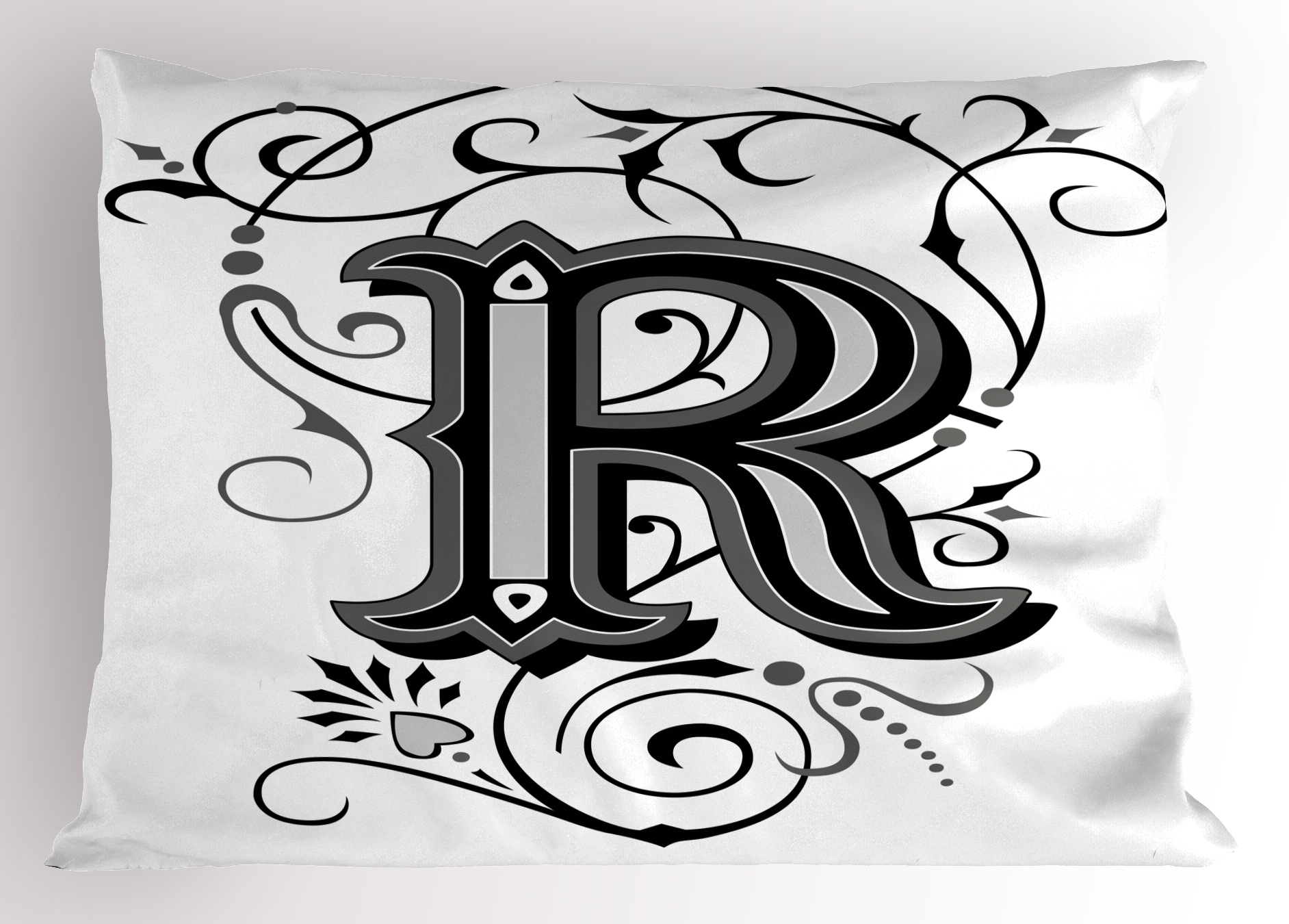 Letter R Pillow Sham Baroque Antique R Typography with Old Fashion English Aristocratic Swirls