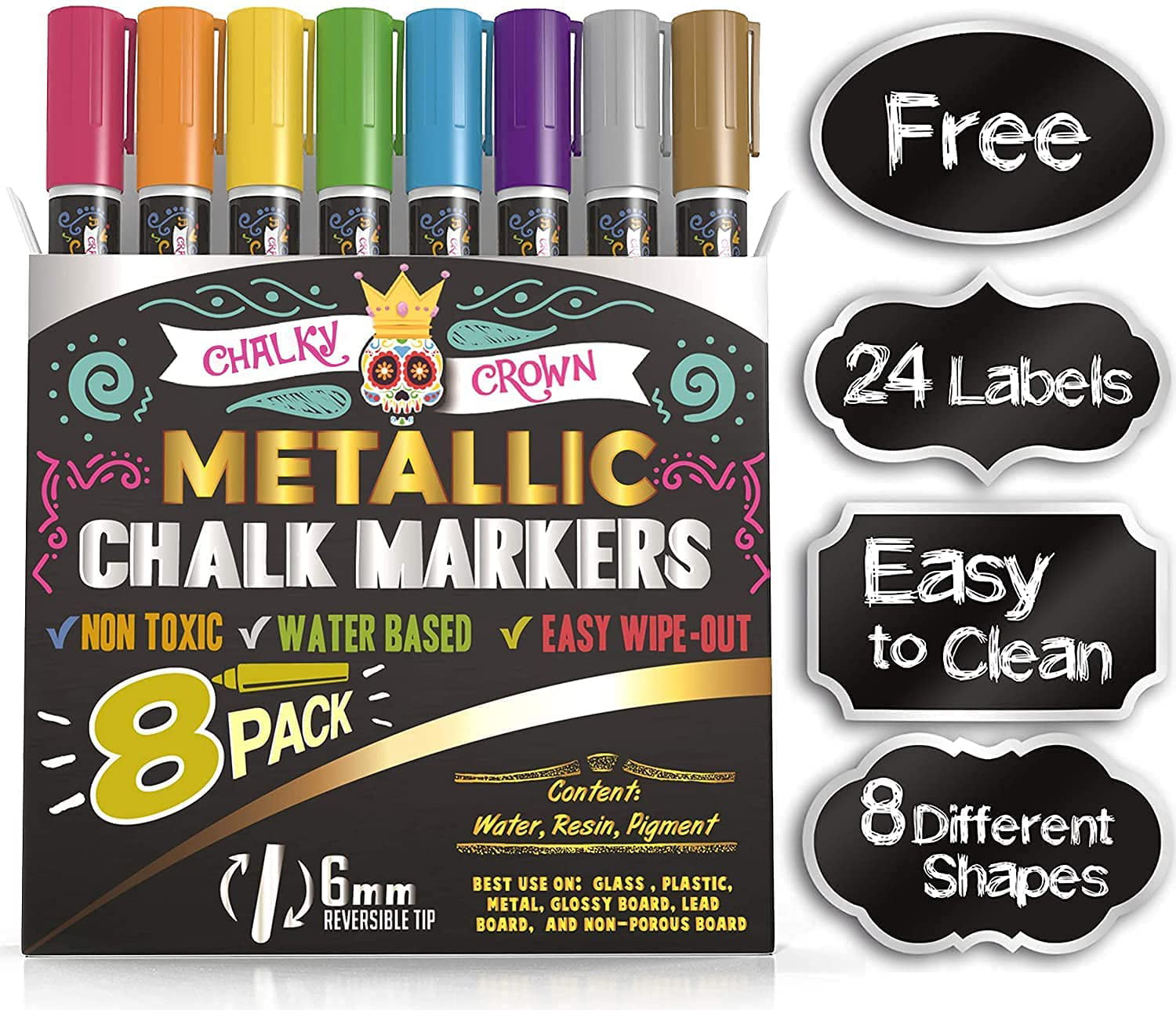 Funcils 10 Liquid Chalk Markers for Chalkboard - Window Markers for Glass, Blackboard, Car, Mirror - 6mm Ink Tip Washable, CH