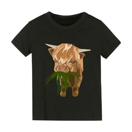 

ZRBYWB Summer Solid Color Cartoon Highlands Cow Print Boy Girl Clothes Tops Short Sleeve T Shirts For Boy Girl Summer Tops