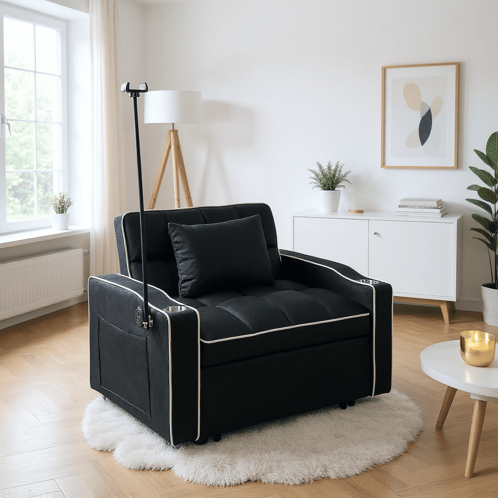 Gewnee 37.2''Convertible Sofa Bed with USB and Phone Holder,2 Cup Holders and 3 Adjustable Backrest,Suitable for Living Room,Apartment and Office.Black