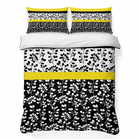 Quilt Sets Twin XL Size Yellow Black Leaves Comforter Set Soft Bedspread Coverlet 3 Pieces Stitching Stripes Quilted Bedding Set with 2 Pillowcases Thin Comforter Bed Cover 68x98 Inch