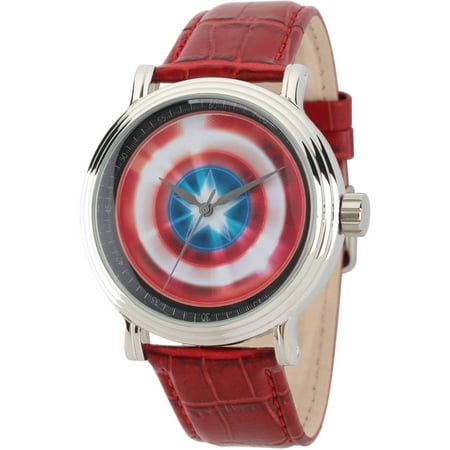 Marvel's Avengers: 75th Anniversary Shields Men's Silver Vintage Alloy Watch, Red Leather Strap