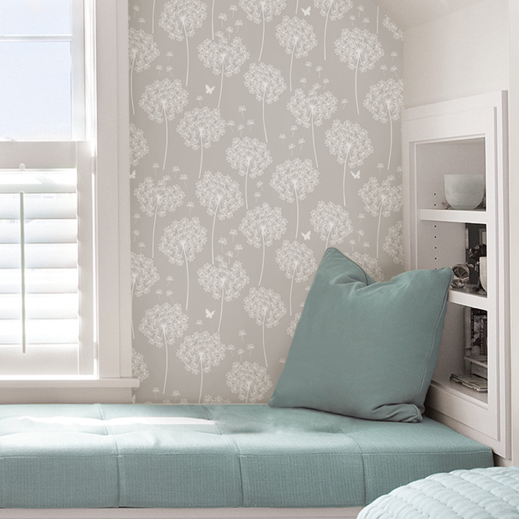 NuWallpaper Dandelion Grey Vinyl Peel And Stick Wallpaper, 216-in by 20.5-in, 30.75 sq. ft.