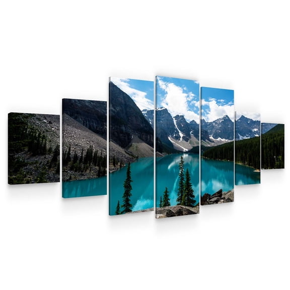Startonight Large Canvas Wall Art Landscape - Clear Lake between the Mountains - Huge Framed Modern Set of 7 Panels 40 x 95 Inches