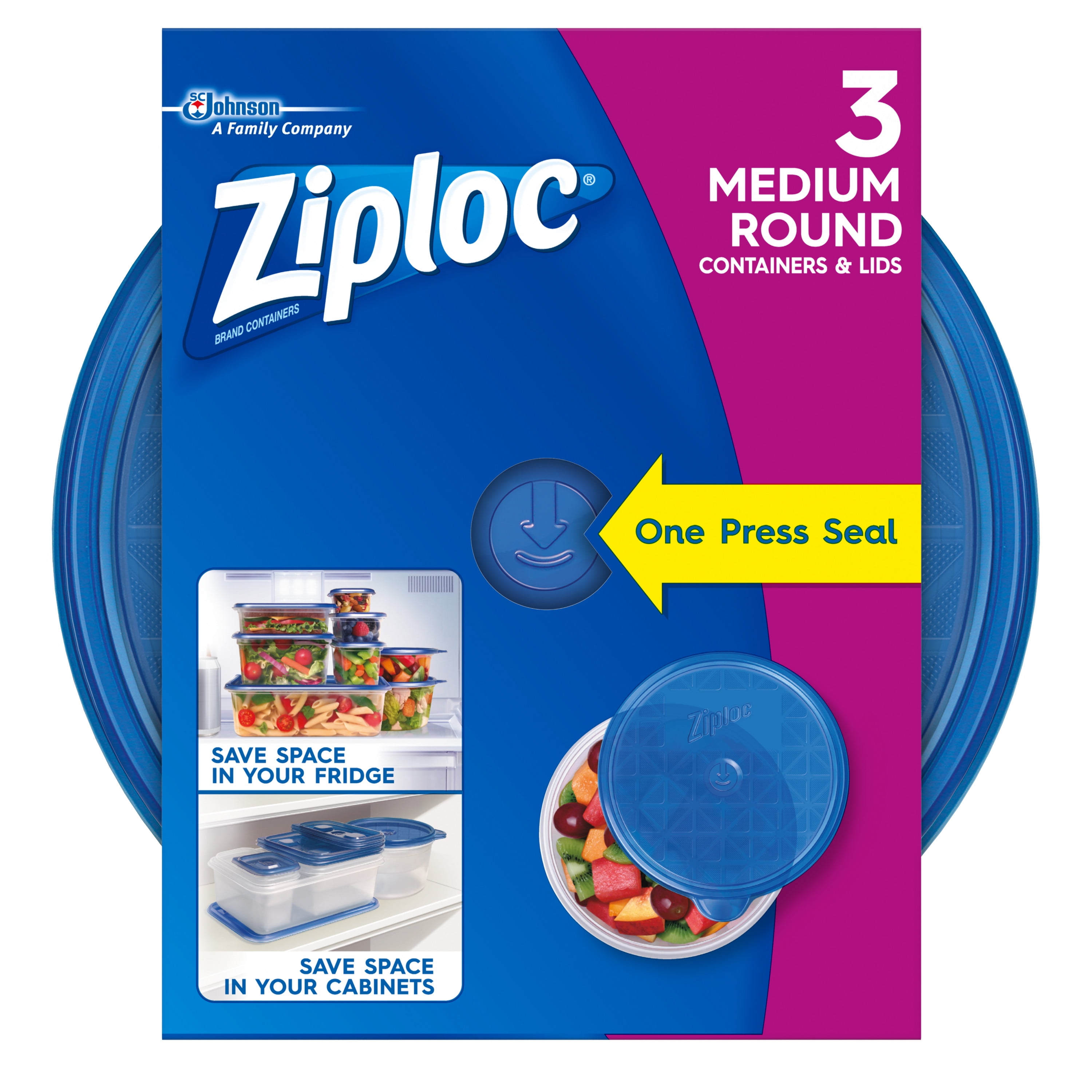 Ziploc® Brand, Food Storage Containers with Lids, One Press Seal, Medium  Round, 3 ct, Plastic Bags