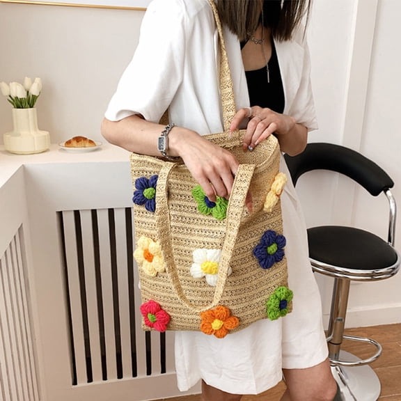 BESTYASH Floral Purse Khaki Woven Tote for Women Carry Personal Items 1Pcs