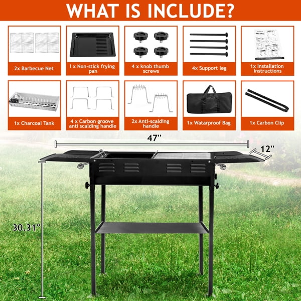 Portable 2-in-1 Charcoal Grill, Foldable Kabob BBQ with Pan & Grill, Adjustable Height, Storage Trays for Camping/Picnics/Backyard