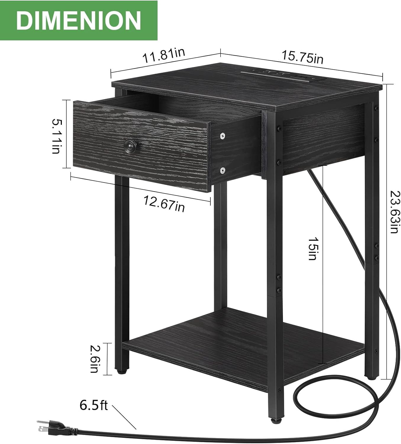 Oumilen Adult Modern Nightstand with Plug Drawer Three USB Models, Black
