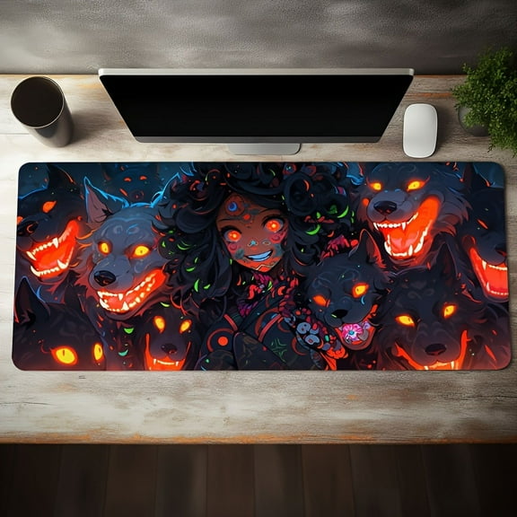 Cool Anime Girl, Wolf Dog Halloween XXL Black Mouse Pad, Long Non-slip Mouse Pad, Office Game Table Mat