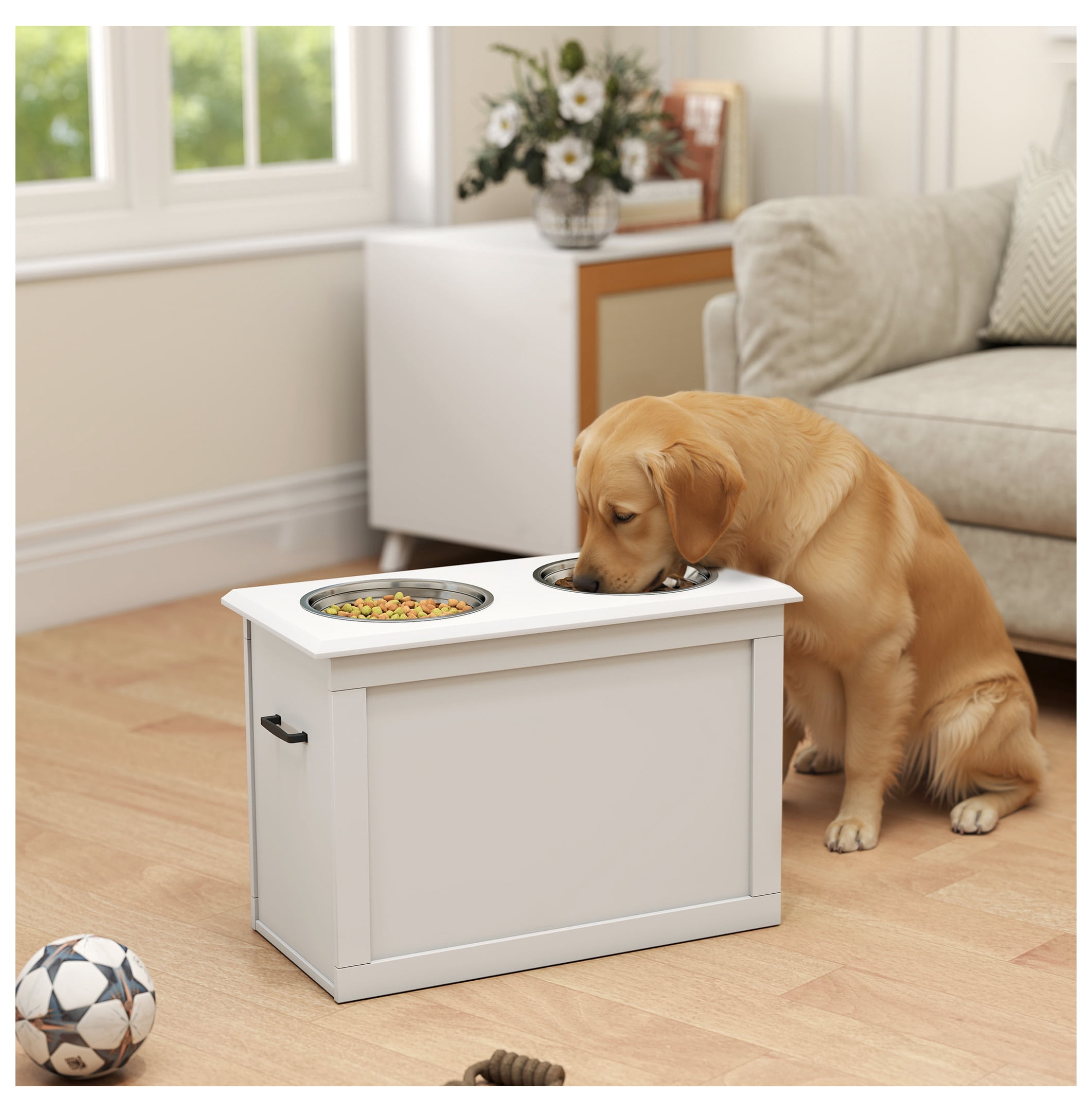 Raised Dog Bowls for Large Dogs, Elevated Pet Feeder Station with Storage, 2 Stainless Steel Bowls, White