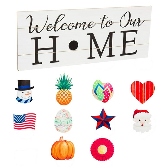 Cypress Home Welcome to our Home Interchangeable Wood Sign | 10 pieces for all Holidays and Seaons | Rustic Farmhouse Wall Art Decor | 28 Inches x 11 Inches