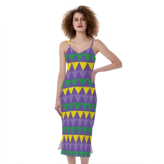 Geometric Mardi Gras Pattern Print Slim Fit Midi Cami Dress, Mardi Gras Fashion Summer Maxi Sexy Casual Dress For Women
