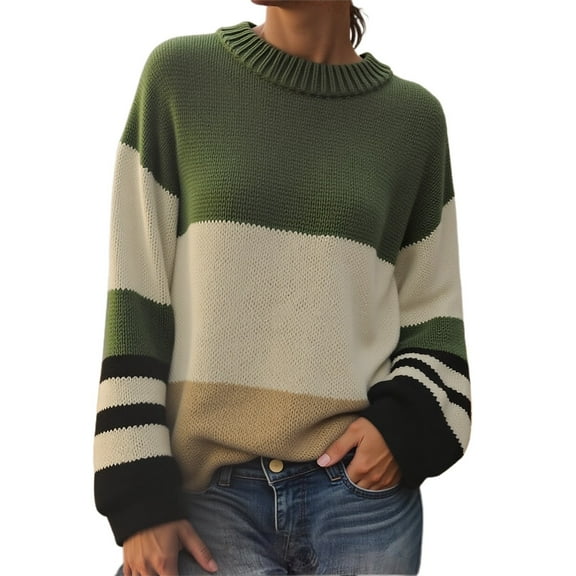 BOOMNY Womens Sweater Long Sleeve Sweaters for Women Patchwork Color Crewneck Knit Pullover Trendy Tops 2025 Fall Winter Knitwear