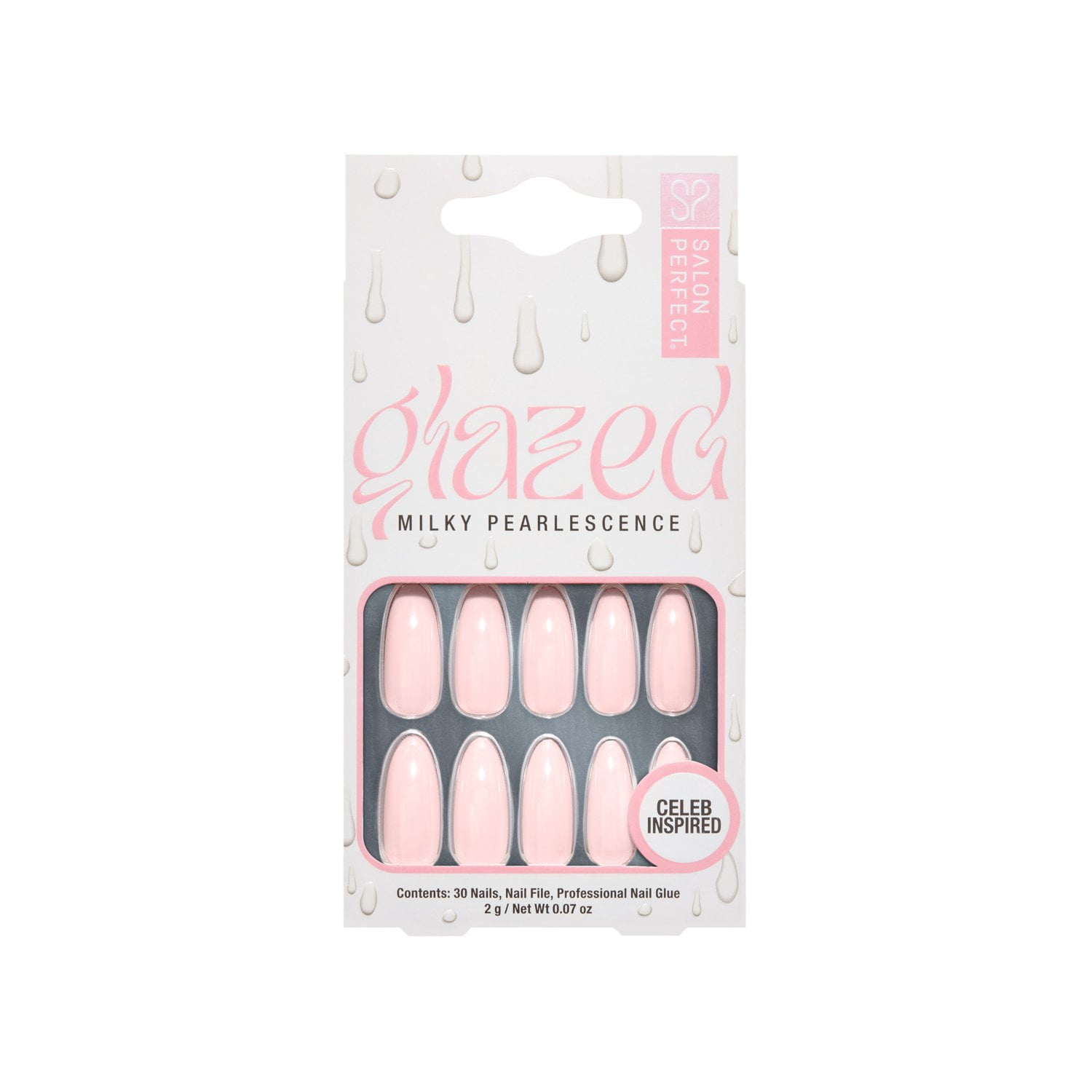 (3 pack) Salon Perfect Artificial Press on Nails, 158 Glazed Pink, Long Almond Glue On Fake Nails, File & Glue Included, 30 Pieces