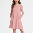thumbnail image 2 of Busydd Dresses for Teens 5-15 Years Casual Summer Solid Color off Shoulder T Shirt Dress Trendy Round Neck Short Sleeve Girl Dresses with Pockets 11-12 Years, 2 of 7