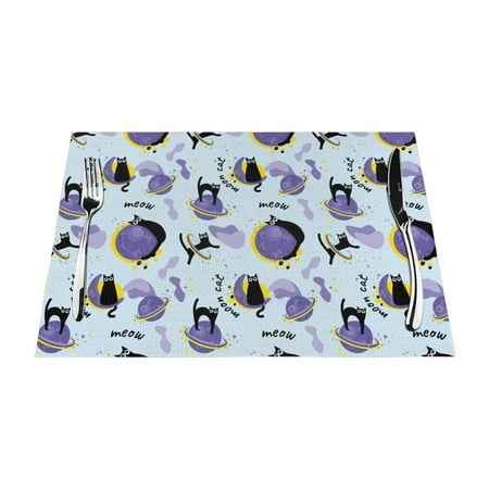 

PUREYAH Table Placemats Set of 1 Washable Heat Resistant Cartoon Purple Planets Cat Table Decorations Placemats for Dining Room Kitchen