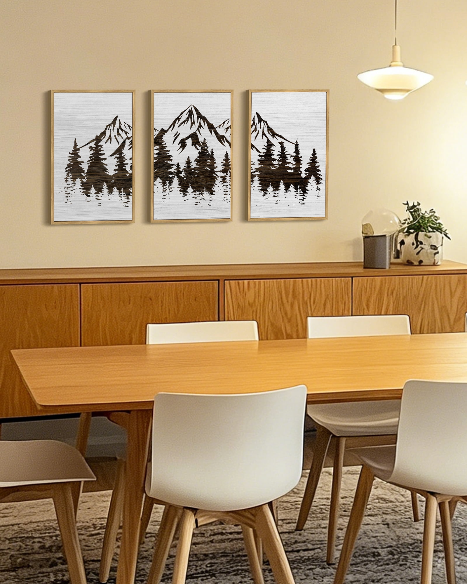 SHENIFY Mountains Tree Wall Art 16x24in3pcs Natural Framed Boho White Forest Nature Landscape Artwork Painting Morden Country Woodcut Wood Wall Decor Rustic Home Decor