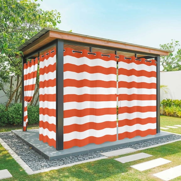 Orange and Outdoor Curtains for Patio Waterproof, White Stripes Grommet Curtains for Porch Outside Privacy Drape for Gazebo Garden Pergola, 2 Panels, 54x84in