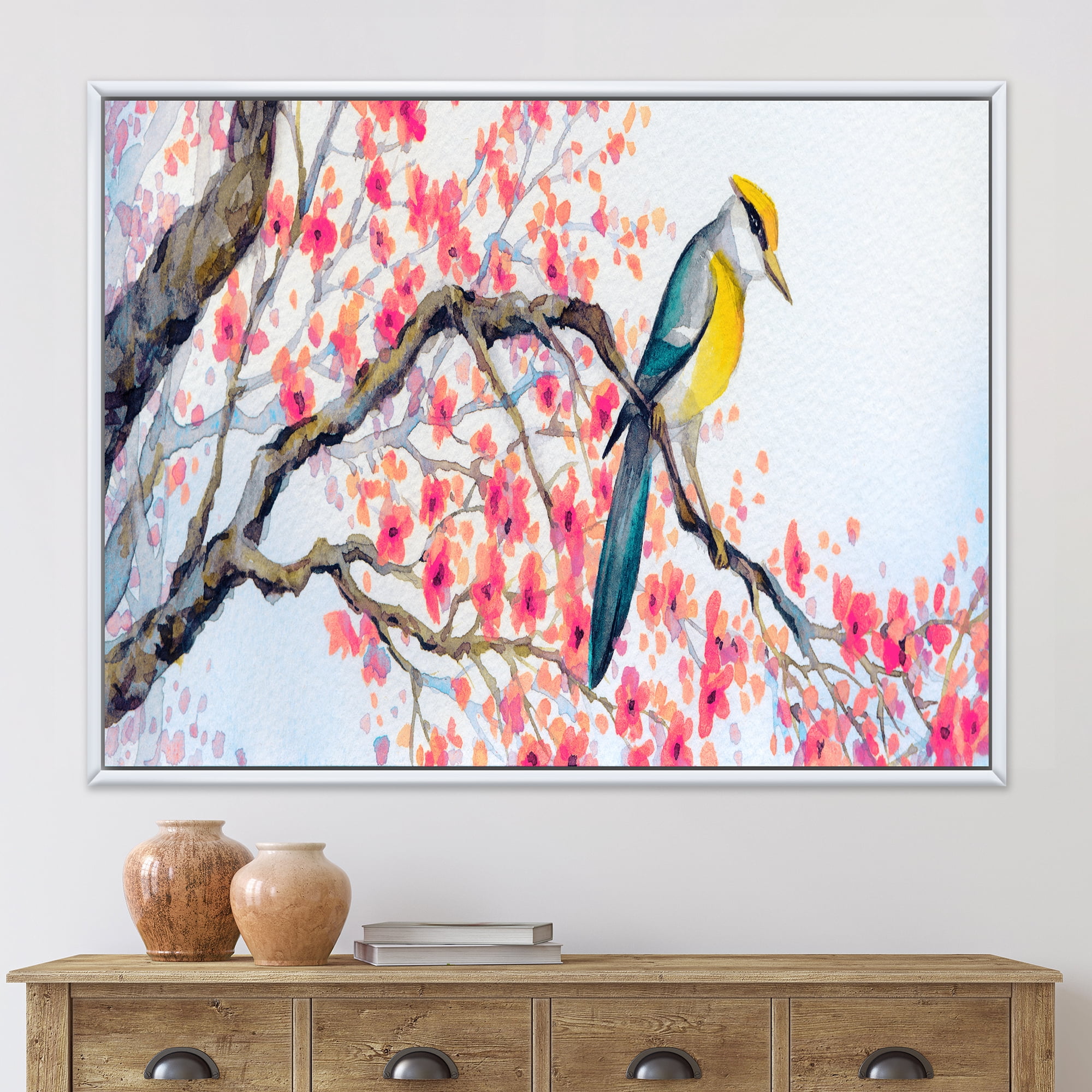 Designart 'Beautiful Pink Bird Sitting On Flowering Branch I' Traditional Framed Canvas Wall Art Print
