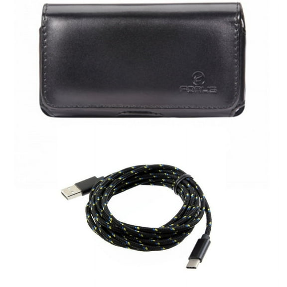 Swivel Leather Case Belt Clip w Charger Cord Type-C 10ft USB Cable J9K for Acer Liquid Jade Primo - ASUS ROG Phone, ZenFone 4 Pro - Blackberry Motion - BLU Vivo XI Plus - Google Pixel 3 XL