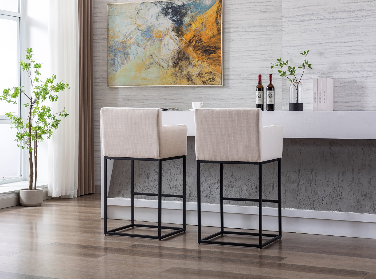 Guyou 30.75" Modern Bar Stools Set of 2, Linen Upholstered Counter Height Bar Stool with Back and Arms, Kitchen Island Stool with Black Metal Frame for Home Bar Restaurant, Cream