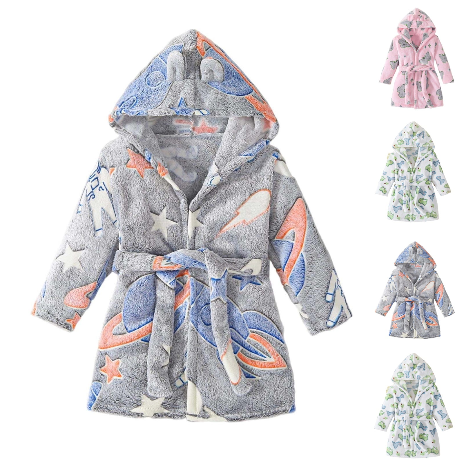 Bixock Unisex Toddler Robe for Girls Boys Hooded Robe Kids Fleece Bathrobe Children Loungewear Long Sleeve Print Thickened Indoor Outfit for 3 To 10 Years Fall Winter Sleepwear