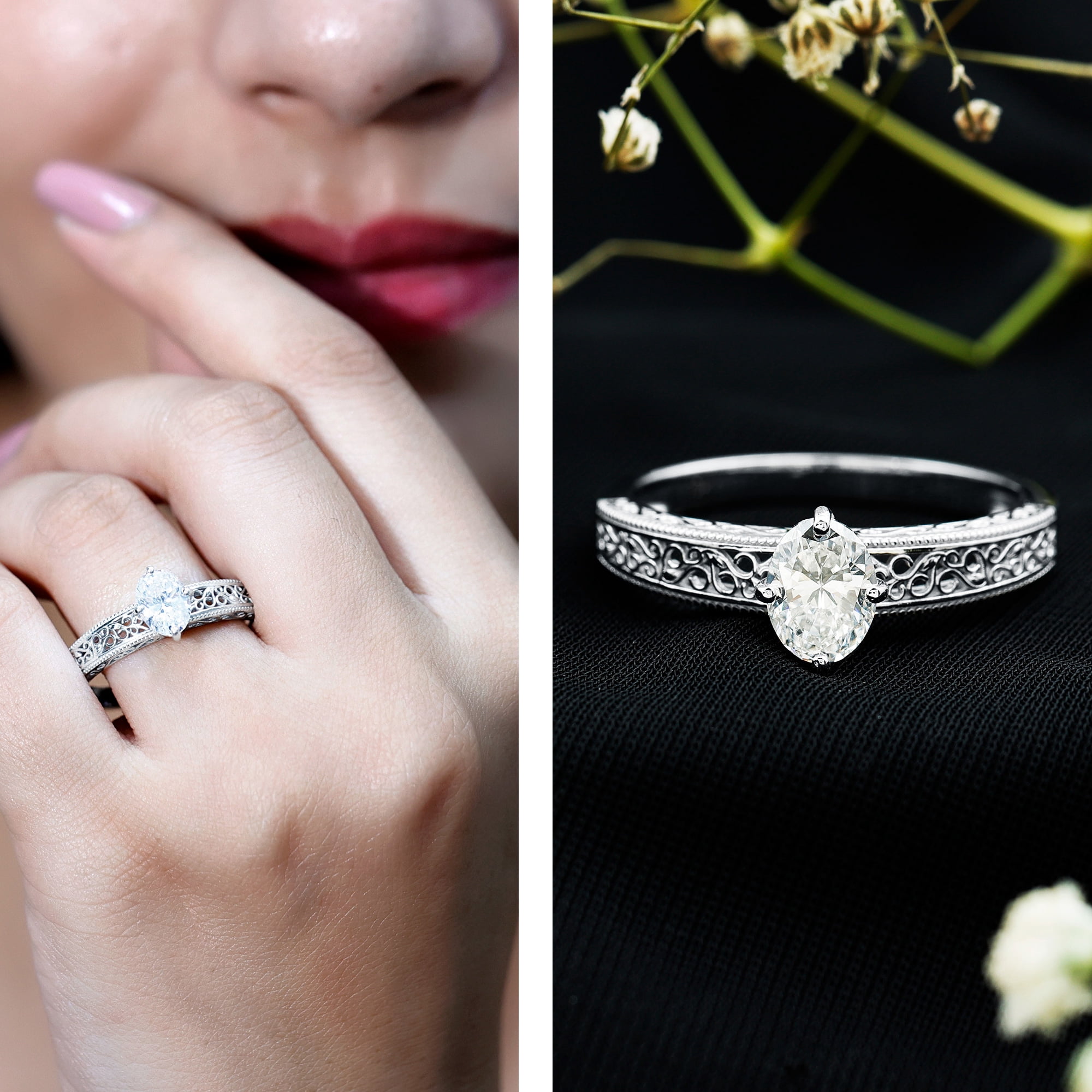 Rosec Jewels Vintage Inspired Lab Diamond Oval Engagement Ring - 1 Carat - Ready To Gift for Women, 14K White Gold, US 6.50