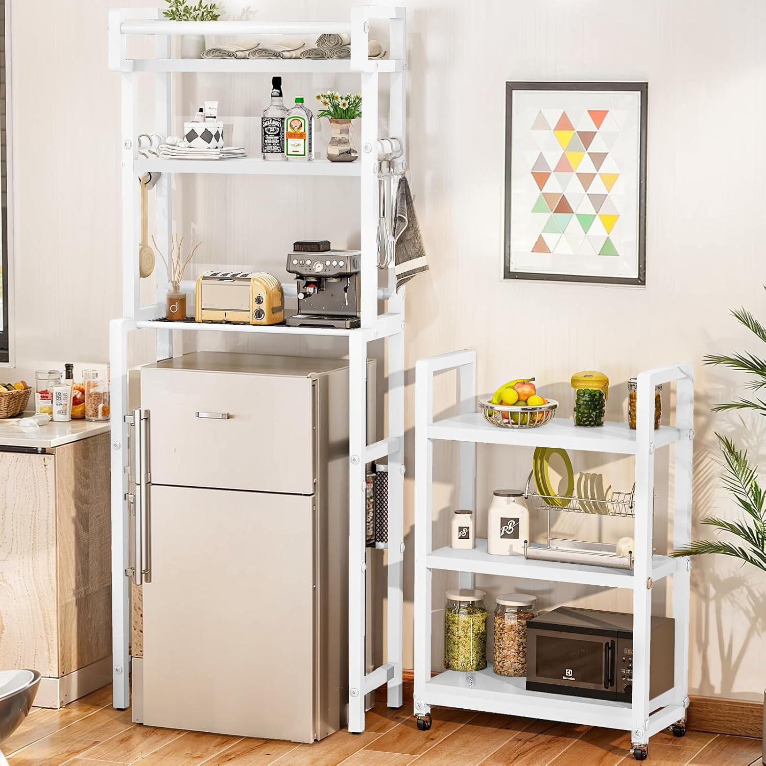 LinkRomat 6-Tier Farmhouse Bathroom Shelf, Over Toilet Organizer with Rolling Cart & 6 Hooks, Space Saving Storage Rack for Bathroom, White