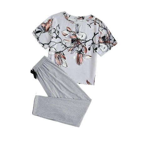 

Casual Floral Print Round Neck Pant Sets Short Sleeve Multicolor Womens Pajama Sets (Women s)