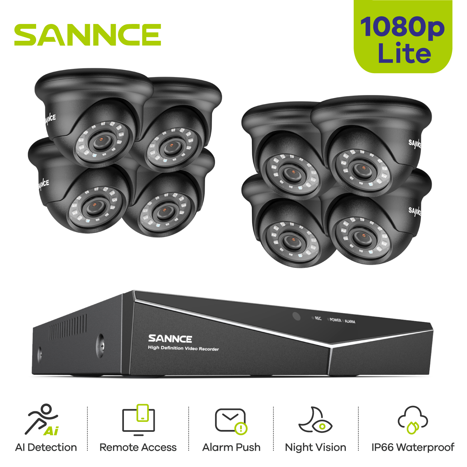 SANNCE 8CH 1080P DVR Outdoor Security Camera System in Store 8PCS Dome Cameras IRCut Clear