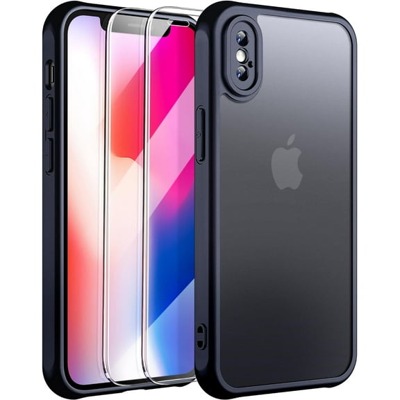 [3 in 1 for iPhone X Case/iPhone Xs Case, [Anti-Yellowing] [Military-Grade Protection] [with 2 pcs Screen Protector] Full-Body Matte Protective Phone Case Cover for iPhone X/XS. (Black)