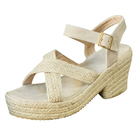 

Gubotare Wide Sandals for Women Wide Width Women Buckle Linen Sandals Platform Wedge Rhinestone Sandals for Women Khaki 40