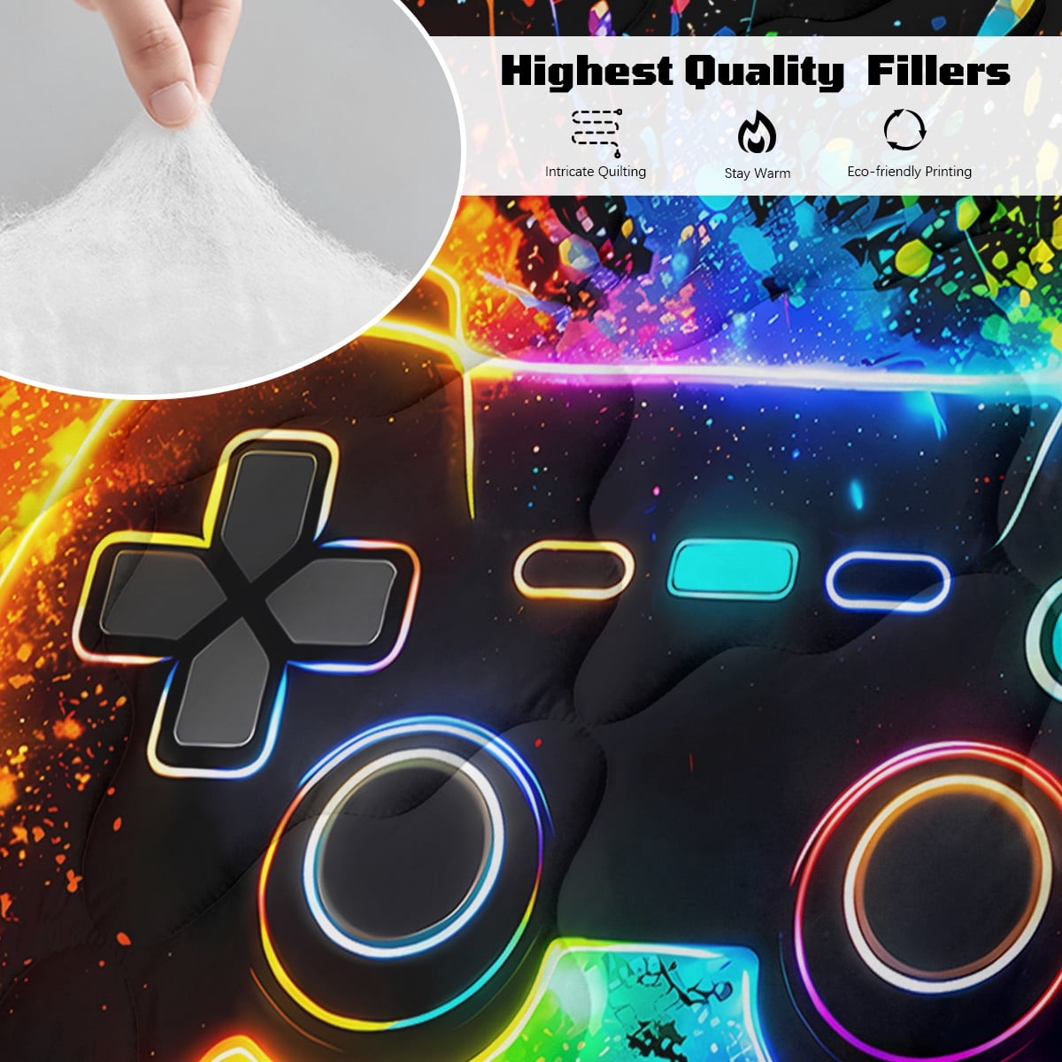BlessLiving 3Pcs Game Controller Comforter Set Queen Size Gaming Bedding Set for Kids Boys Gamer, Black