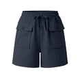 thumbnail image 6 of Guieoi Shorts for Women Plus Size Solid-Color Drawstring Pleated Button-Front Cotton-Linen Pocket Casual Capri Pants Navy 0 M, 6 of 6