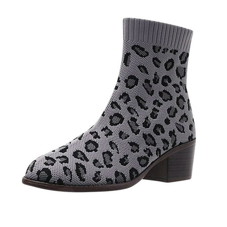 

TTQLVZJGSE Women s Business Casual Shoes with Heel Chunky Heel Knitted Elastic Boots Children Leopard Print Shoes Gray-36